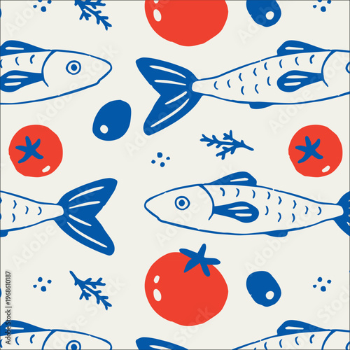 mediterranean sardine and tomato seamless pattern hand drawn food illustration