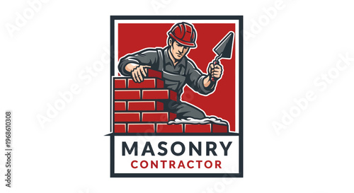 Masonry Contractor Building Brick Wall with Trowel.
