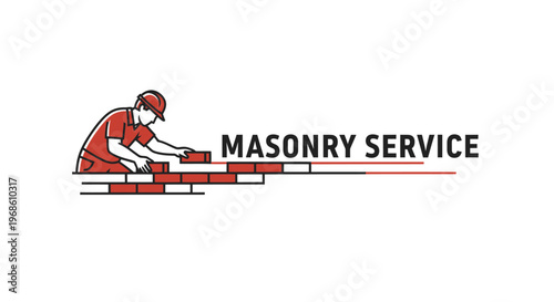 Masonry service worker building brick wall with tools and materials.