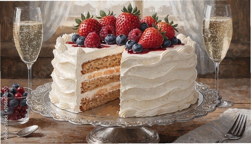 Layered Cake with Cream Frosting and Fruit Topping, Gigapixel Standard v2 4x