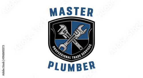 Master Plumber Professional Trade Services Emblem with Crossed Wrenches.