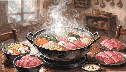 Hot Pot With Vegetables, Meat Slices, and Broth, Gigapixel Standard v2 4x