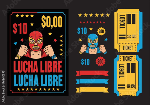 Lucha Libre Mexican Wrestling Event Poster and Ticket Design Template - Vintage Luchador Graphics Kit with Retro Masked Wrestler, Ribbons, Stars and Admission Tickets