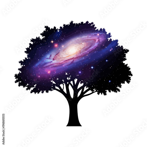 Mystical tree silhouette with a vibrant galaxy nestled in its branches, symbolizing cosmic unity and natural grandeur