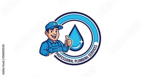 Professional Plumbing Services Logo with Cartoon Plumber and Water Drop.
