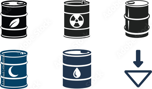 Oil barrel icons set, industrial fuel drum, toxic waste container, bio oil barrel, energy storage symbol, clean vector illustration eps