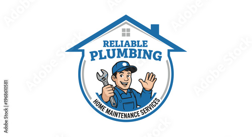 Reliable Plumbing Home Maintenance Service Logo with Plumber Character.