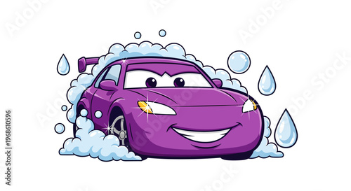 Purple Cartoon Car with Bubbles and Water Droplets.