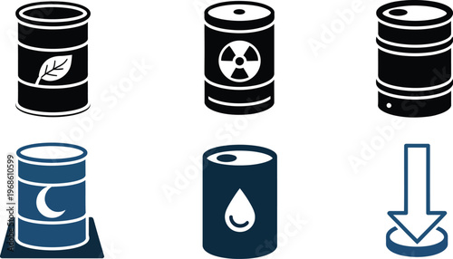 Oil barrel icons set, industrial fuel drum, toxic waste container, bio oil barrel, energy storage symbol, clean vector illustration eps