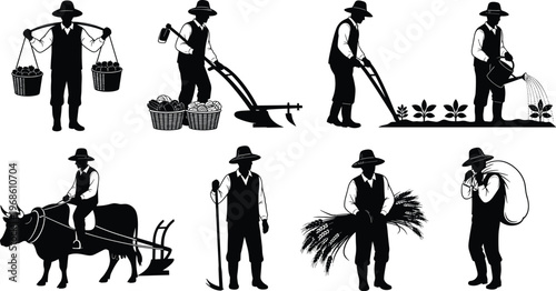 Collection of traditional farmer silhouette icons performing agricultural tasks like plowing with oxen, watering plants, harvesting wheat, and carrying baskets on white background