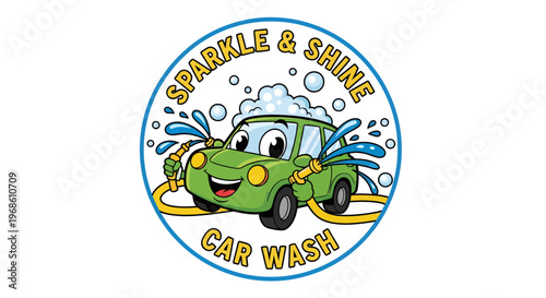 Sparkle and Shine Car Wash Logo with Cartoon Green Car.