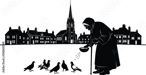 Elderly woman feeding pigeons in a village square silhouette, grandmother with walking stick scattering seeds for birds near old town church architecture
