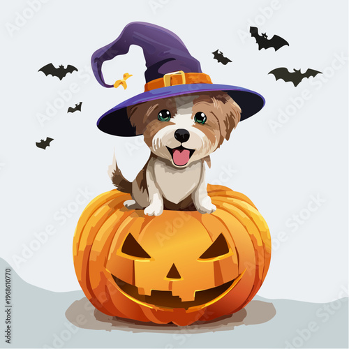 Hund mit Hexenhut auf Kürbis – Lustiger Halloween Stil