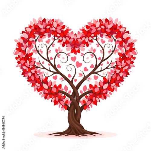 Beautiful Heart-Shaped Tree Adorned with Red and Pink Leaves, Symbolizing Love and Growth
