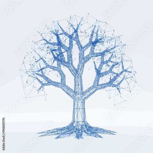 Digital Network Tree Abstract Wireframe Illustration Symbolizing Data, Technology, and Interconnected Growth