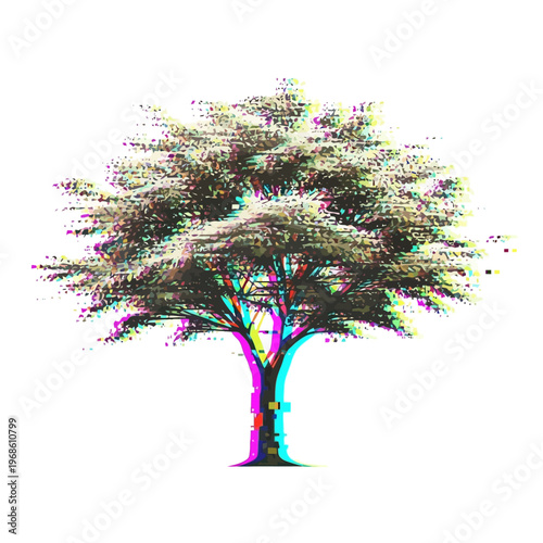 Distorted Glitch Effect Tree Illustration on White Background