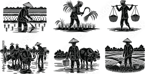 Traditional Asian Farmers Illustration Set Featuring Rice Paddy Cultivation, Buffalo Farming, Harvesting Crops, Manual Labor, and Sustainable Agriculture in Linocut Woodcut Style