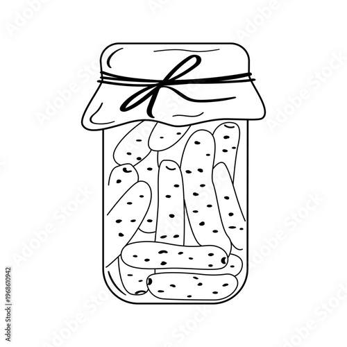 Pickled cucumbers in jar doodle. Hand drawn outline pickles jar illustration, homemade preserved food