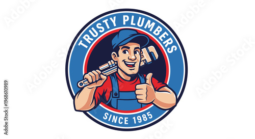 Trusty Plumbers Since 1985 Logo with Happy Plumber Holding Wrench and Giving Thumbs Up.
