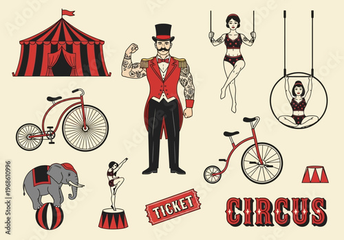 Vintage Circus Illustration Set with Tattoo Style Ringmaster, Strongman, Acrobats, Elephant, and Retro Big Top Tent Graphics