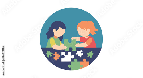 Two young girls collaborating to solve a puzzle together.