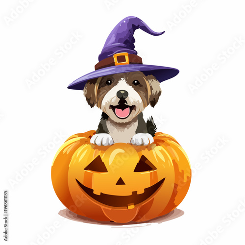Hund mit Hexenhut auf Kürbis – Lustiger Halloween Stil