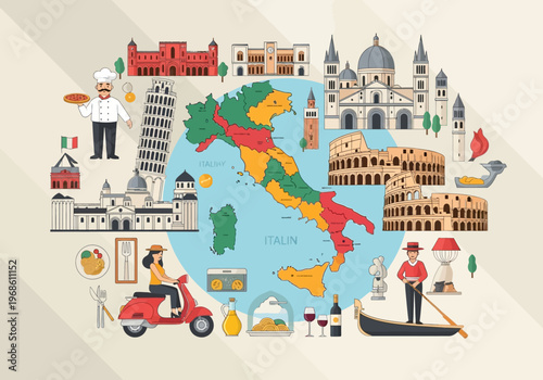 Italy Travel and Tourism Vector Illustration Featuring Famous Landmarks, Cultural Icons, Map, and Traditional Cuisine like Pizza and Pasta