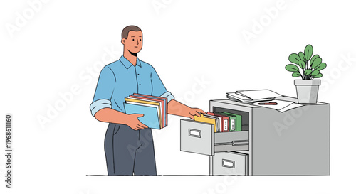 Office Worker Organizing Documents in Filing Cabinet