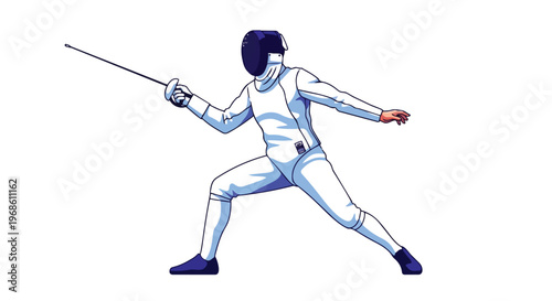 Fencing Athlete in Lunge Position Isolated on White Background