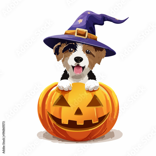 Hund mit Hexenhut auf Kürbis – Lustiger Halloween Stil