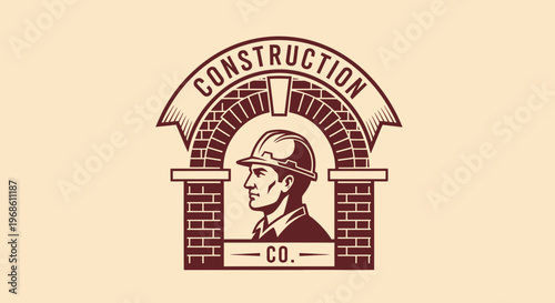 Vintage Construction Company Logo with Worker and Brick Arch.