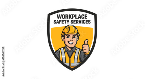 Workplace Safety Services Logo with Smiling Construction Worker Giving Thumbs Up.