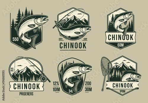 Vintage Chinook Salmon Fishing Logo Badges and Emblem Set with Mountains, Forest, and Fishing Gear - Retro Vector Illustrations for Outdoor Adventure Branding and Apparel Design