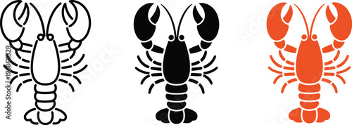 Minimalist lobster designs, outline silhouette colorful styles, seafood illustration, marine life concept, clean flat vector