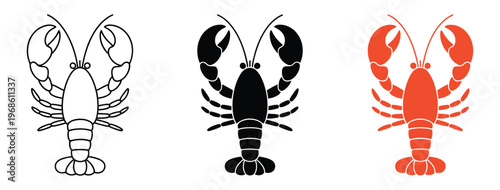 Minimalist lobster designs, outline silhouette colorful styles, seafood illustration, marine life concept, clean flat vector