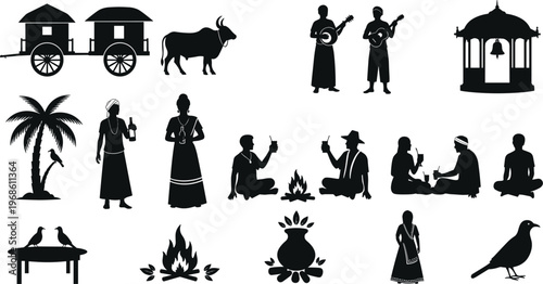 Traditional Village Life Silhouette Set with Bull Cart, Folk Musicians, Tribal People Gathering, Palm Tree, Campfire, and Indian Culture Elements