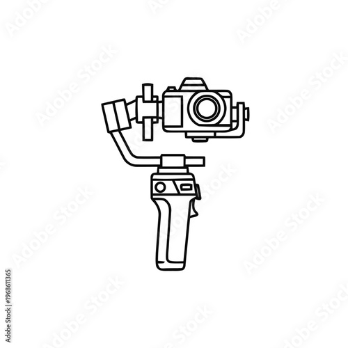 Camera stabilizer gimbal with a digital camera mounted on top is illustrated in a clean line art style.