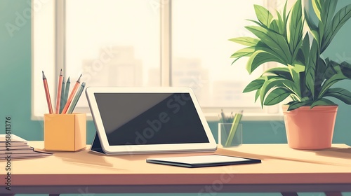 Modern workspace setup with tablet and office supplies on wooden desk