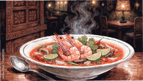 Spicy Tom Yum Soup with Shrimp Mushrooms and HerbGigapixel Standard V2 4x