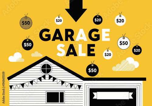Modern Garage Sale Flyer or Banner Design with House Illustration and Price Tags on Yellow Background