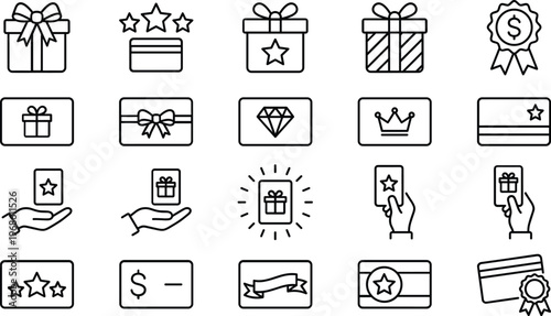 A set of line art design vector illustrations featuring gift boxes and reward symbols in silhouette style for use in marketing and e-commerce concepts