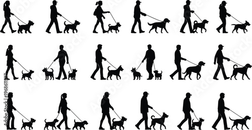 Dog walker silhouette set, people walking pets on leash, various breeds and owners, outdoor exercise activity, animal care service, community park.