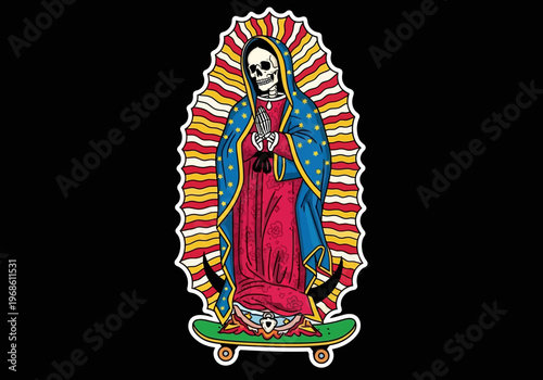 Santa Muerte Skeleton Virgin of Guadalupe Riding a Skateboard, Mexican Folklore Urban Streetwear Illustration on Black Background