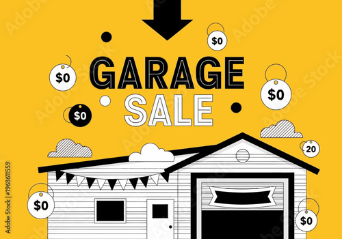 Garage Sale Concept Illustration with House Icon, Price Tags, and Minimalist Line Art on Bright Yellow Background