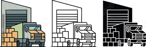 Delivery truck loading silhouette & Outline and illustration set isolated on transparent background