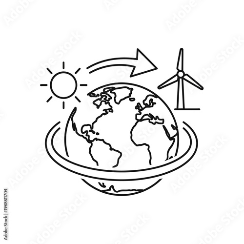 Globe with Sun Wind Turbine Arrows Representing Renewable Energy.