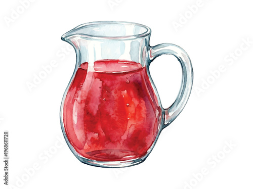 Watercolor painting of a clear glass pitcher filled with ink engraving line black png