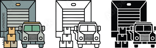 Delivery truck loading silhouette & Outline and illustration set isolated on transparent background