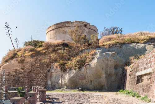 Torre di Bosa, also known as Red Island Tower (Torre dell'Isola Rossa), located in Bosa Marina, Sardinia, Italy. 