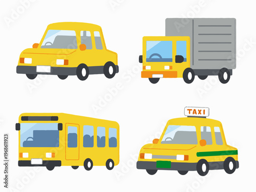 A collection of four yellow cartoon vehicles including a car, truck, bus, and taxi, isolated on a white background.